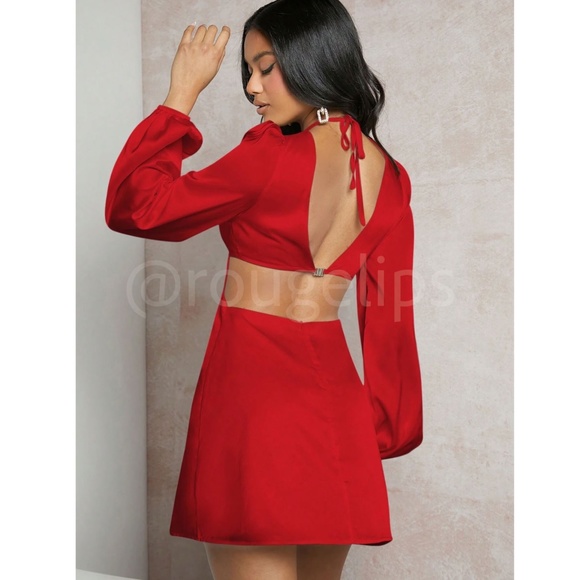 Strappy Red Satin Cut Out V-Neck Short Dress Long Lantern Sleeves Tie Neck - Picture 2 of 9